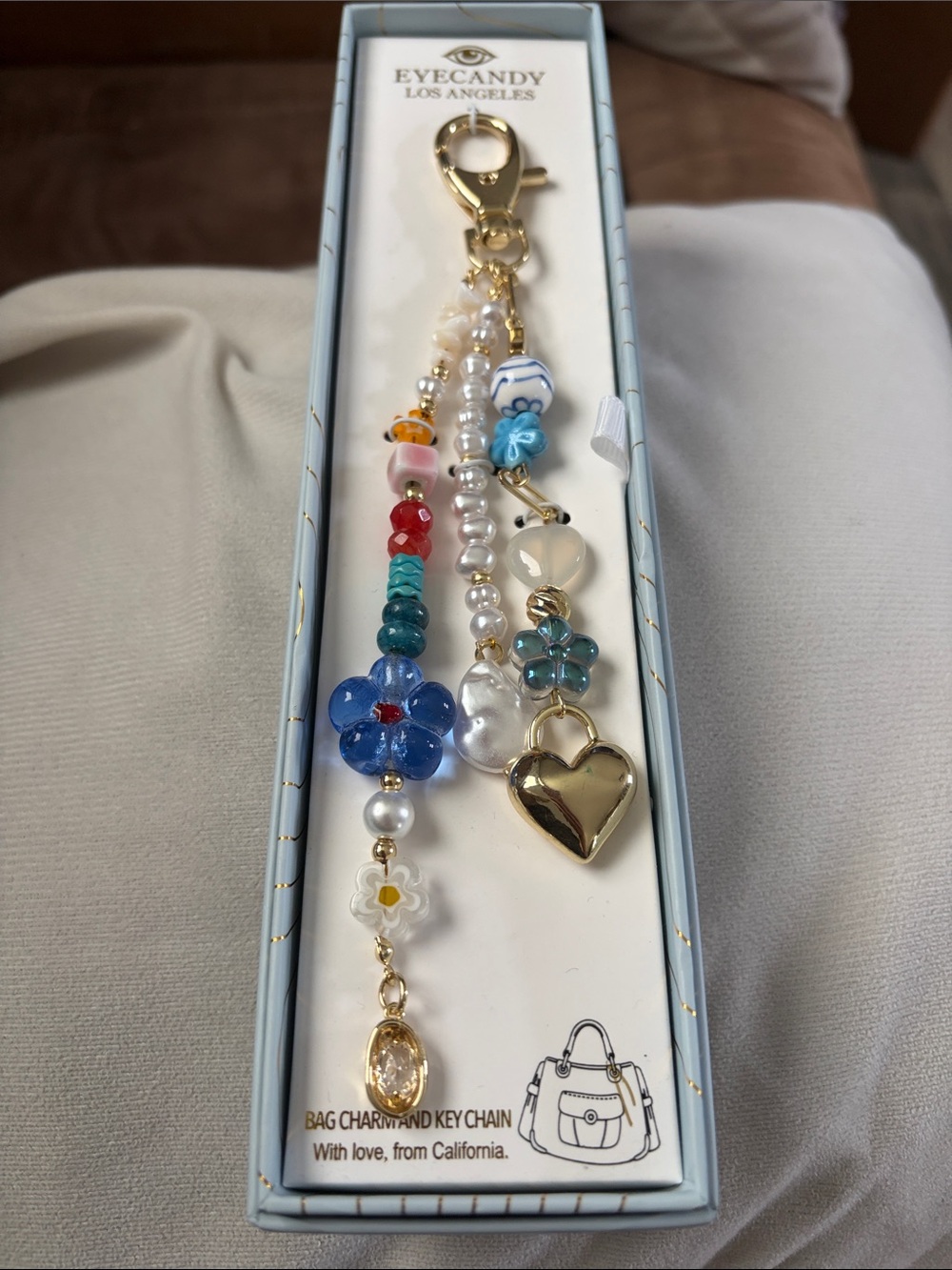 Eyecandy Blue, Turquoise, White & Gold Beaded Keychain Card Holder Charm